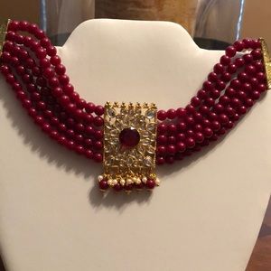 Red colored beaded Kundan Choker Necklace